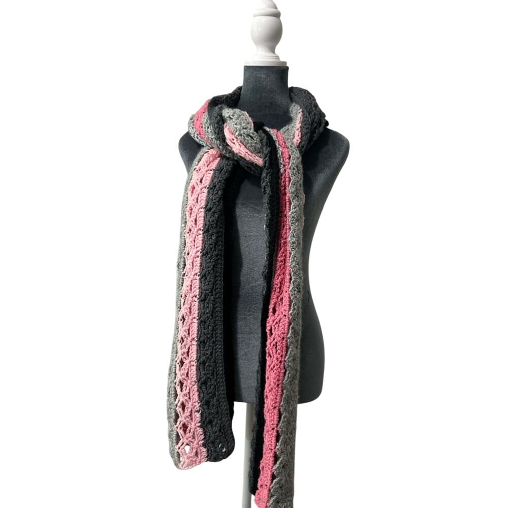 extra long handmade crochet scarf- 80"  pink sparkle gray and black- gift